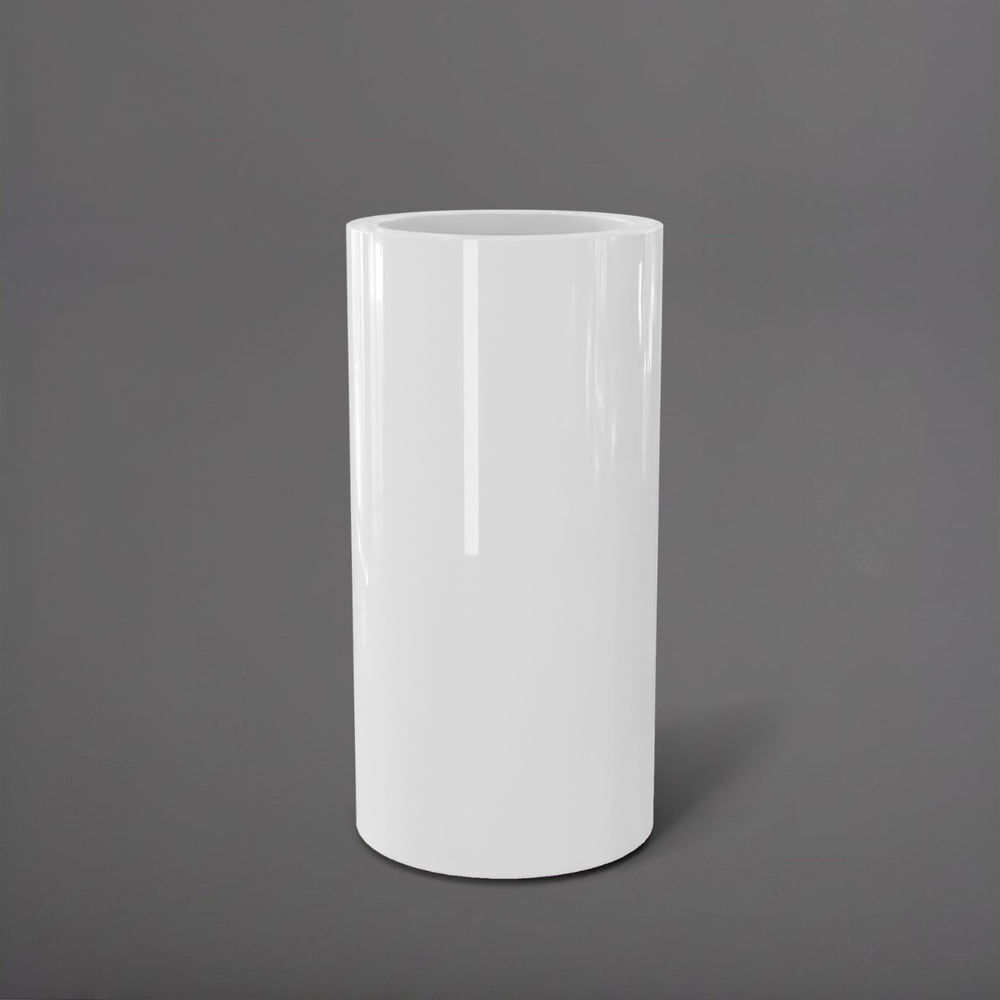 Corry Tall Cylinder Fiberglass Planter in gloss bright white against gray background. 
