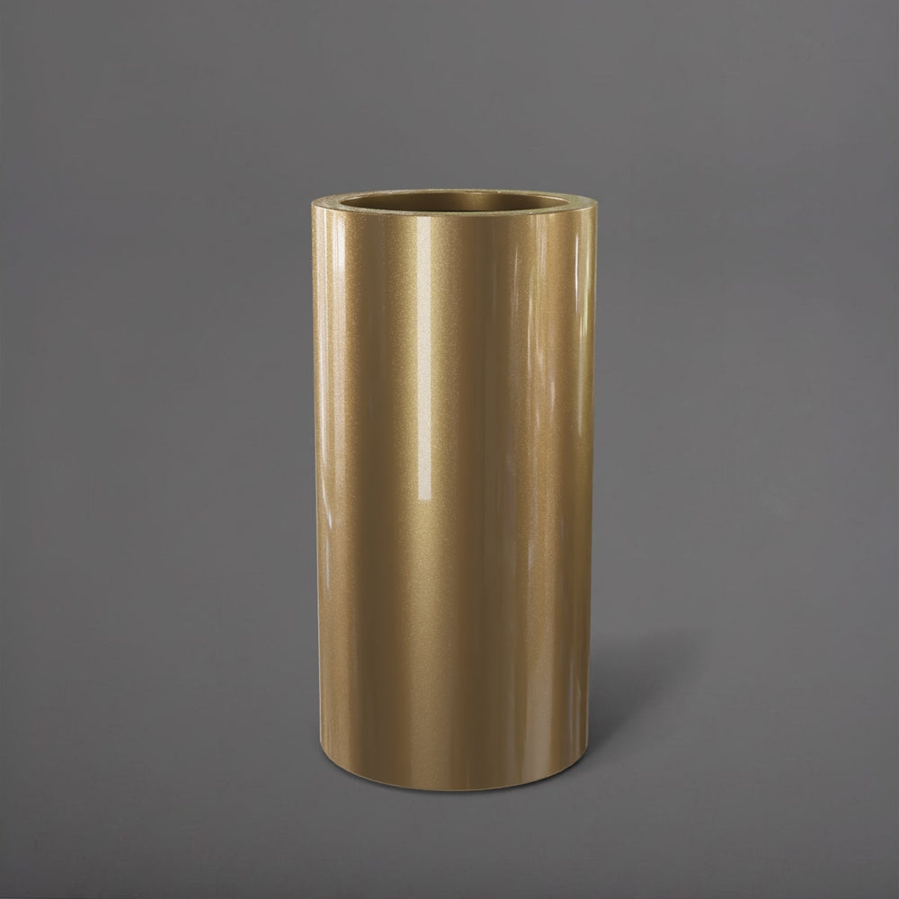 Corry Tall Cylinder Fiberglass Planter in gloss metallic gold against gray background. 