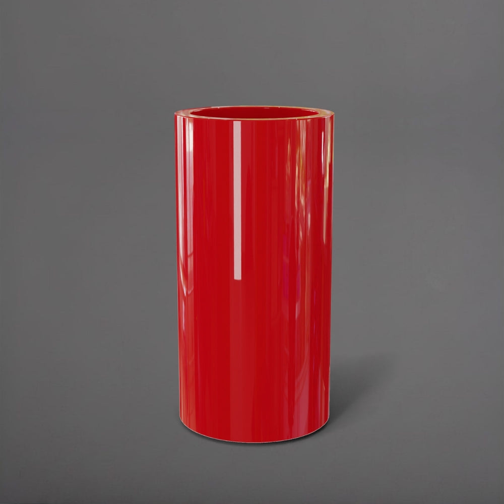 Corry Tall Cylinder Fiberglass Planter in gloss red against gray background. 