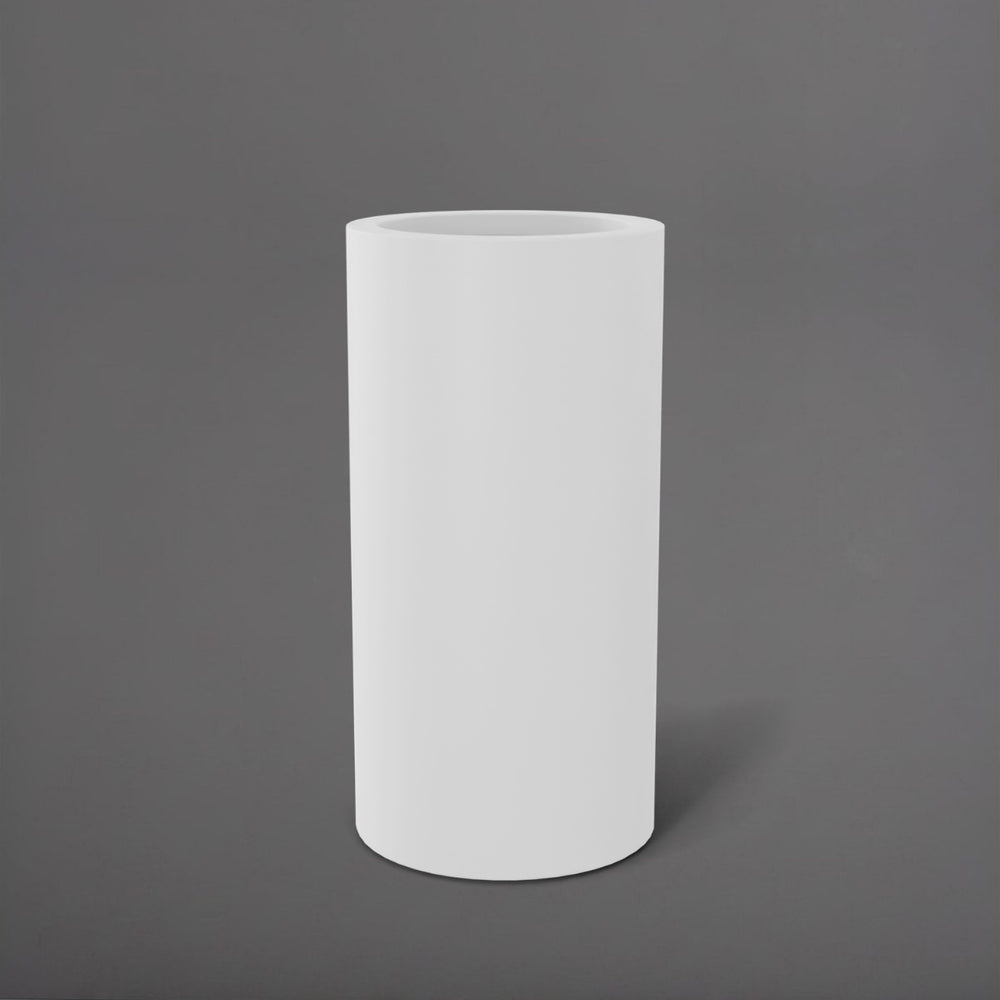 Corry Tall Cylinder Fiberglass Planter in matte bright white against gray background. 