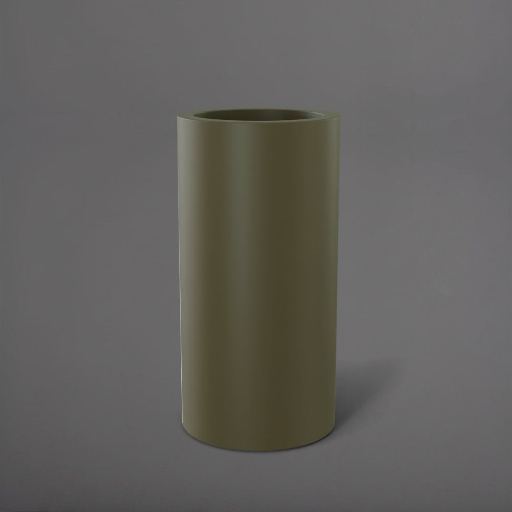 Corry Tall Cylinder Fiberglass Planter in matte bronze against gray background. 