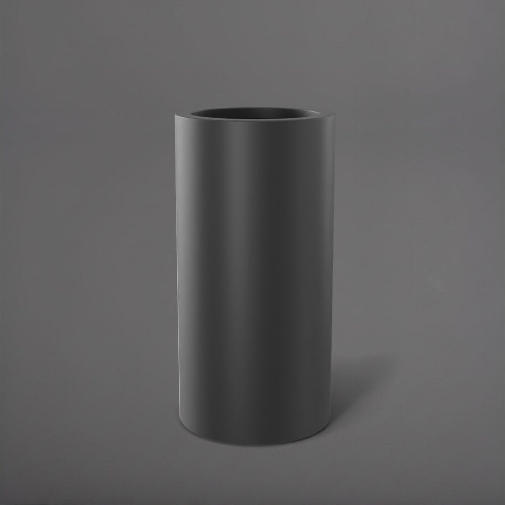 Corry Tall Cylinder Fiberglass Planter in matte charcoal against gray background. 