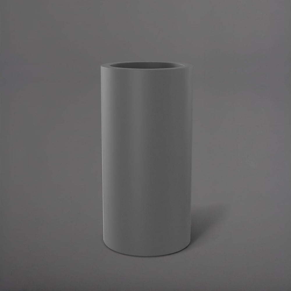 Corry Tall Cylinder Fiberglass Planter in matte gunmetal against gray background. 