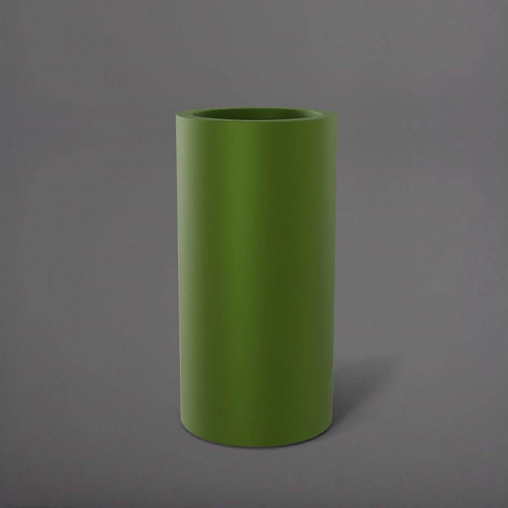 Corry Tall Cylinder Fiberglass Planter in satin green against gray background. 