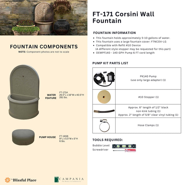 Complete overview of the Corsini Wall Fountain with dimensions, weights, pump kit parts, tools, and general info.