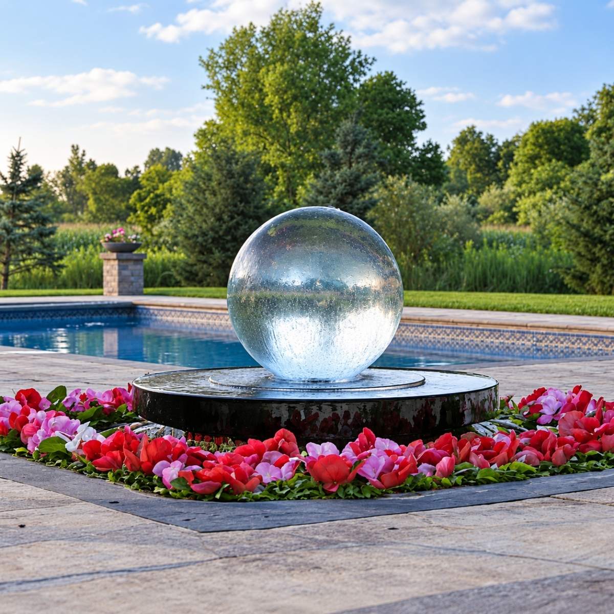 Crystal Sphere Fountain Kit beside pink flowers near a swimming pool