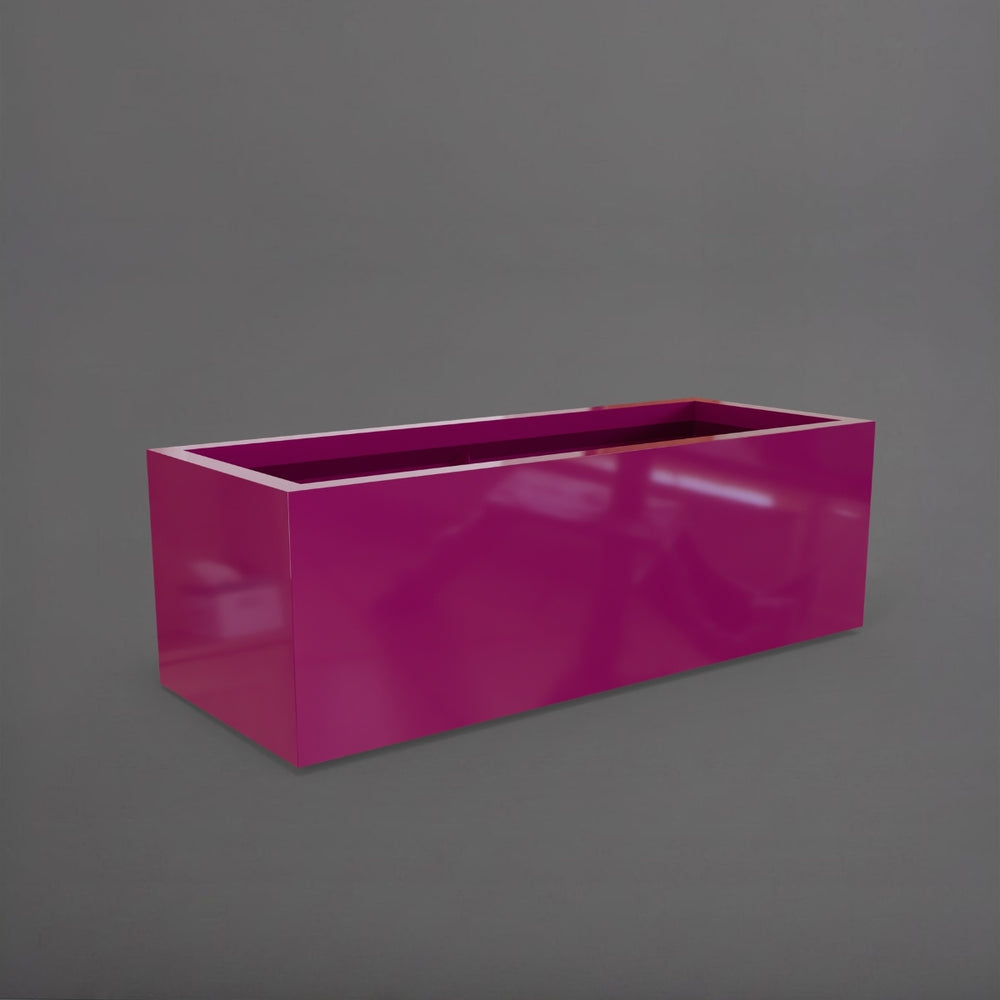 Cuba Low Rectangle Fiberglass Planter in gloss eggplant against gray background.