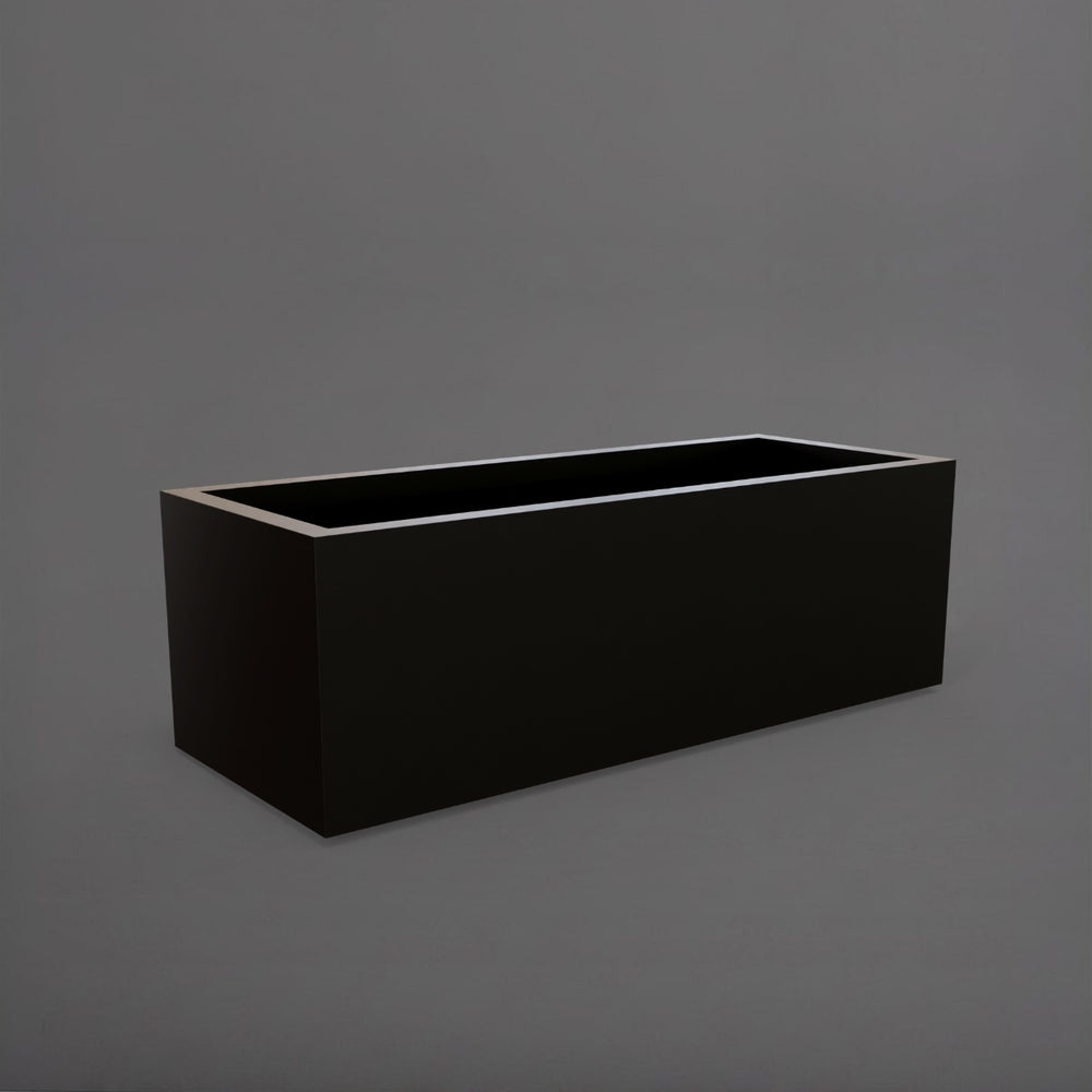 Cuba Low Rectangle Fiberglass Planter in matte black against gray background.