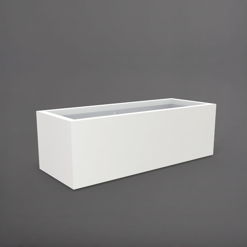 Cuba Low Rectangle Fiberglass Planter in matte bright white against gray background.