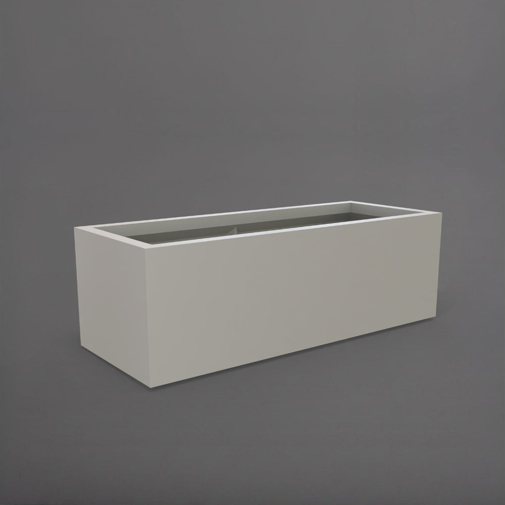 Cuba Low Rectangle Fiberglass Planter in matte cement grey against gray background.