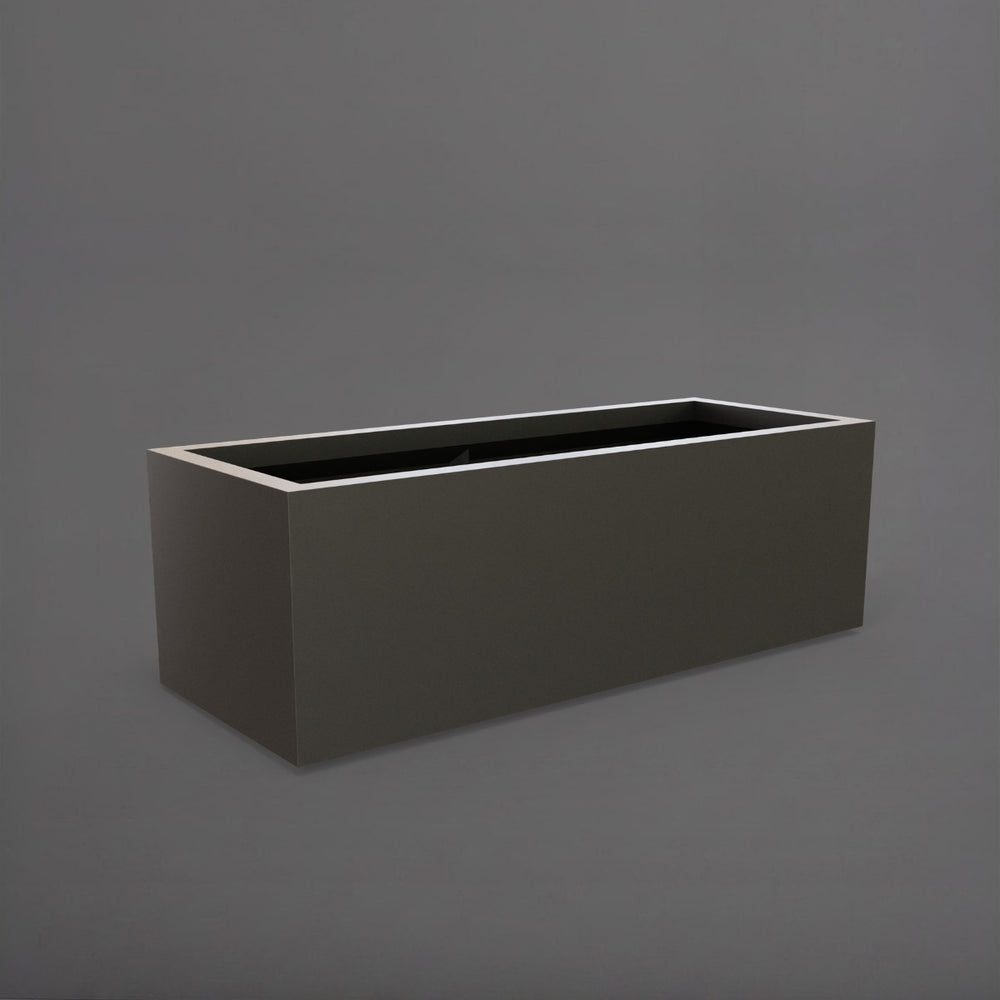 Cuba Low Rectangle Fiberglass Planter in matte gunmetal against gray background.