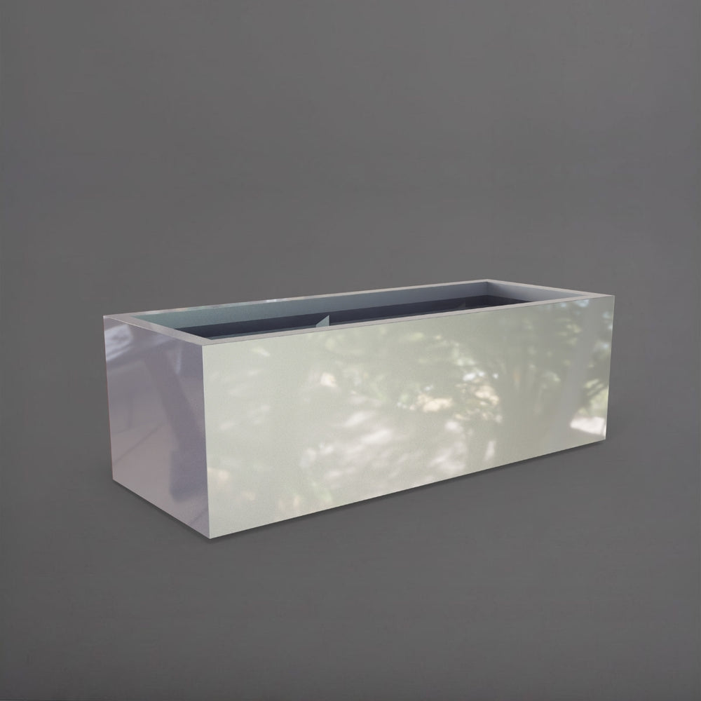 Cuba Low Rectangle Fiberglass Planter in metallic silver against gray background.