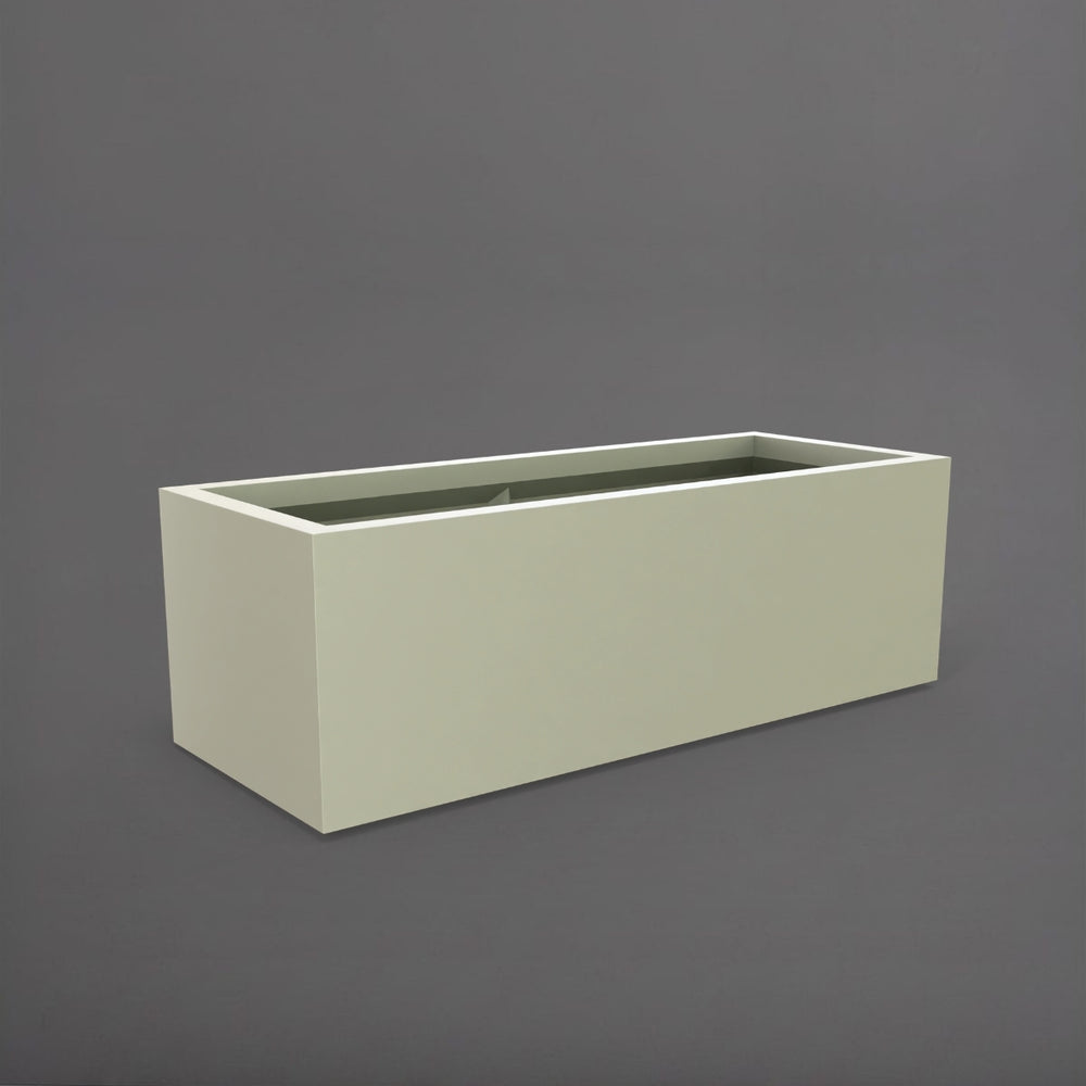 Cuba Low Rectangle Fiberglass Planter in satin beige against gray background.