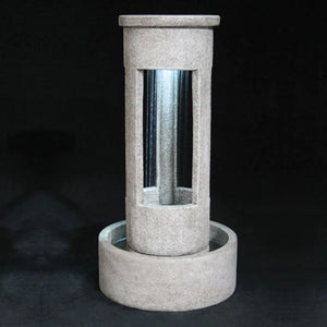 Cylinder Rain Fountain with 24 inch basin running against black background