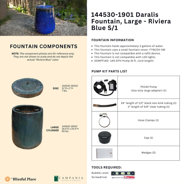 Info sheet for the Daralis Fountain, Large - Riviera Blue listing components, dimensions, weights, pump parts, and required tools.