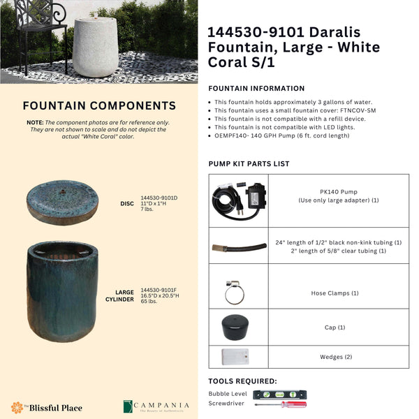 Info sheet for the Daralis Fountain, Large - White Coral listing components, dimensions, weights, pump parts, and required tools.