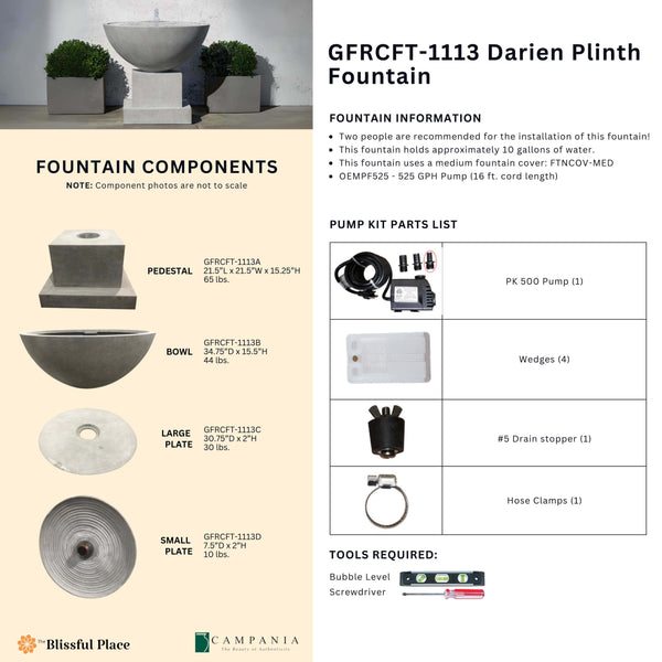 Complete overview of the Darien Plinth Fountain with dimensions, weights, pump kit parts, tools, and general info.