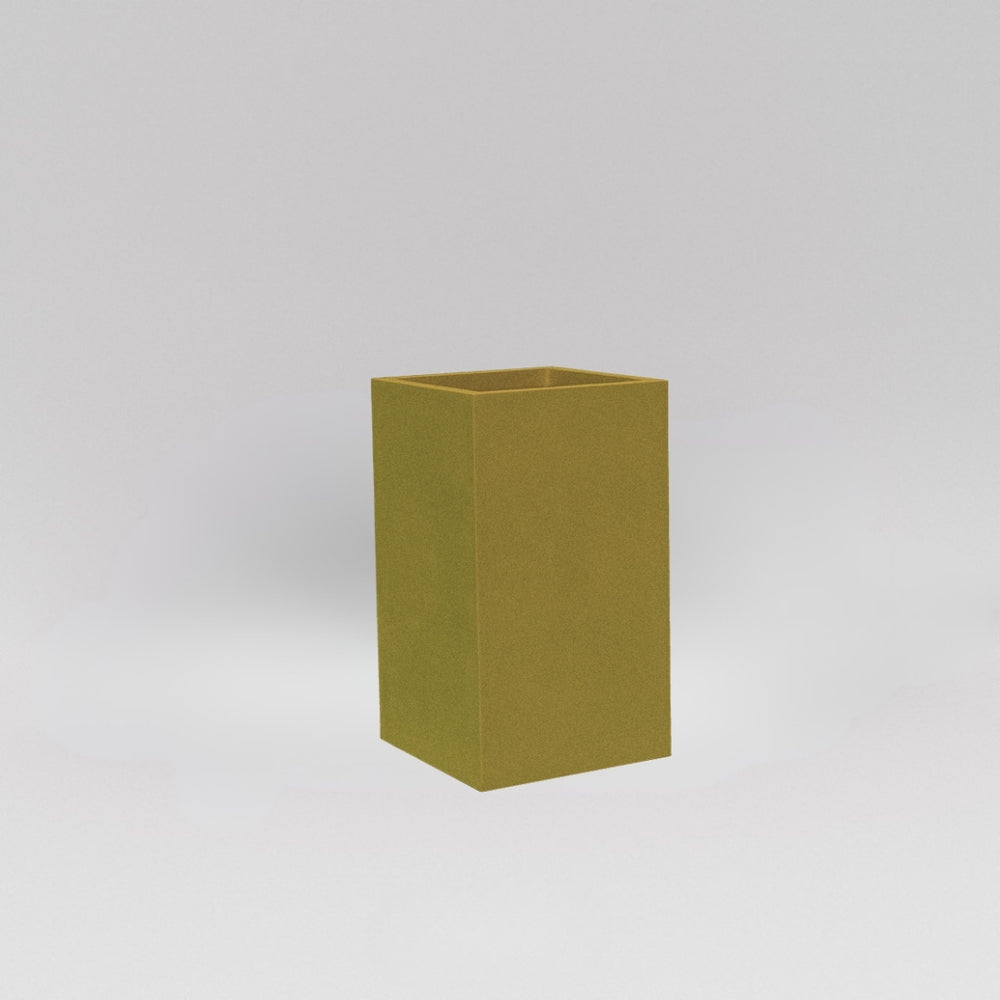 Darwin Tall Corner Fiberglass Planter in gloss metallic gold against gray background.
