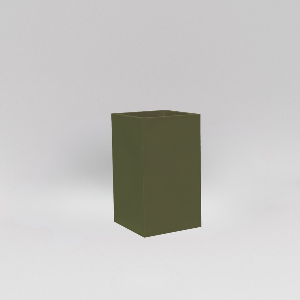 Darwin Tall Corner Fiberglass Planter in matte bronze against gray background.