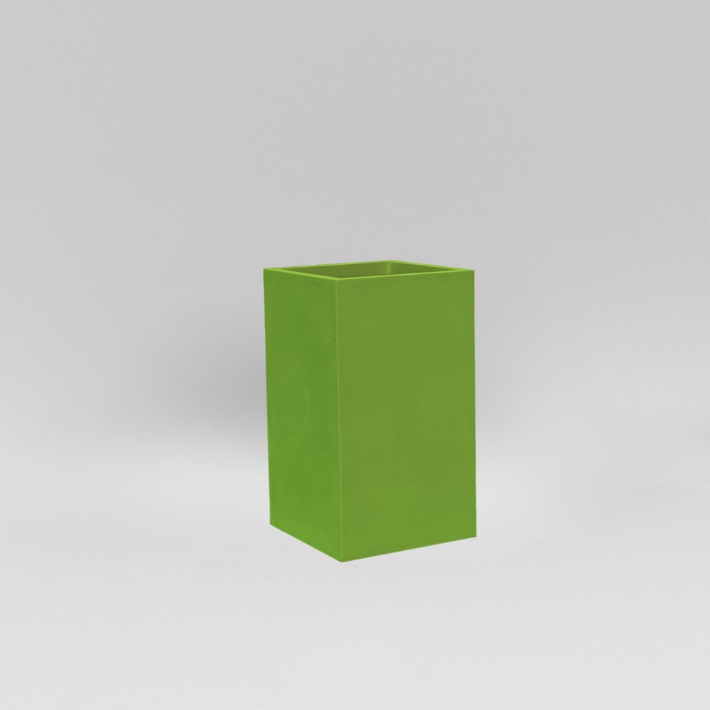 Darwin Tall Corner Fiberglass Planter in satin green against gray background.