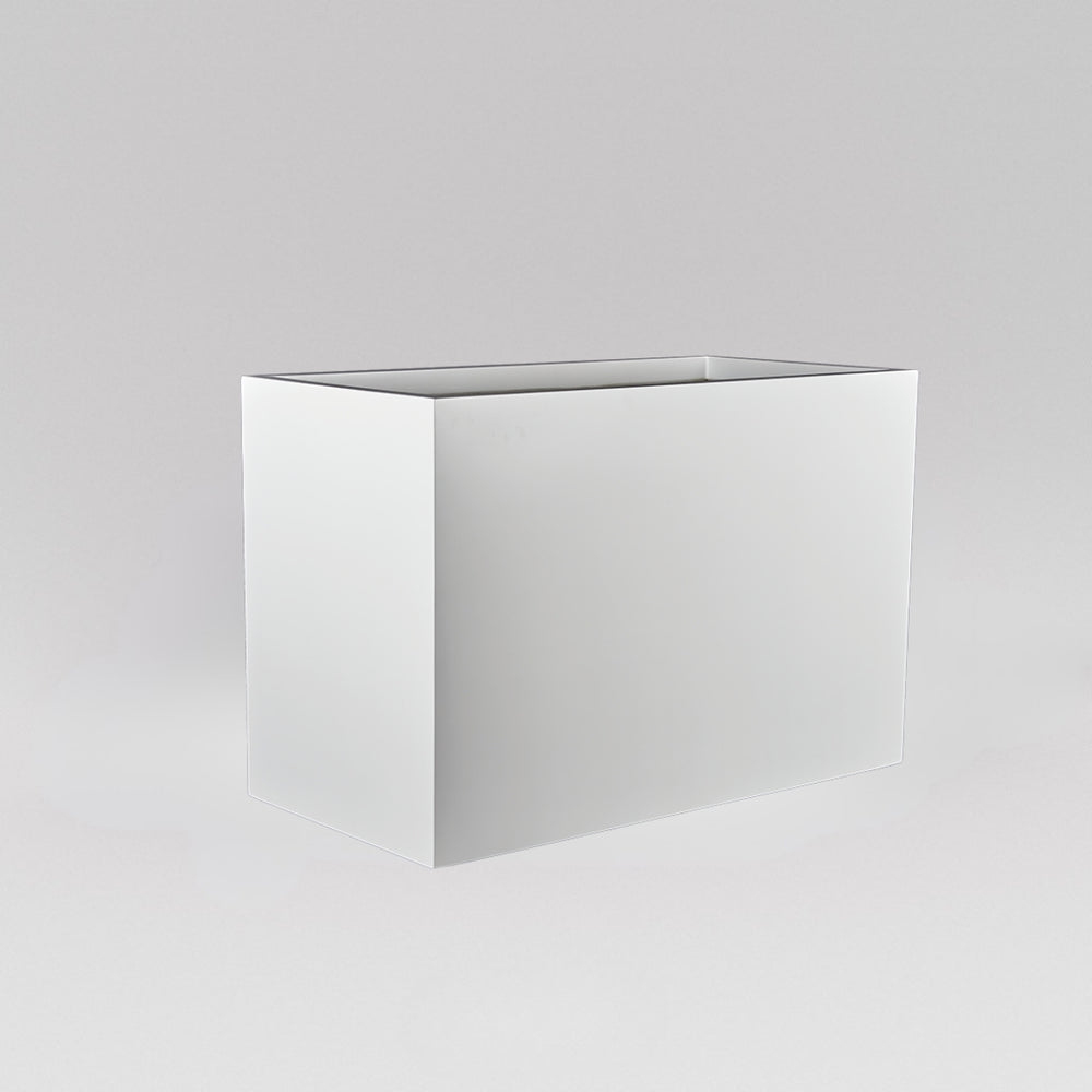 Darwin Tall Rectangle Fiberglass Planter in gloss bright white against gray background.