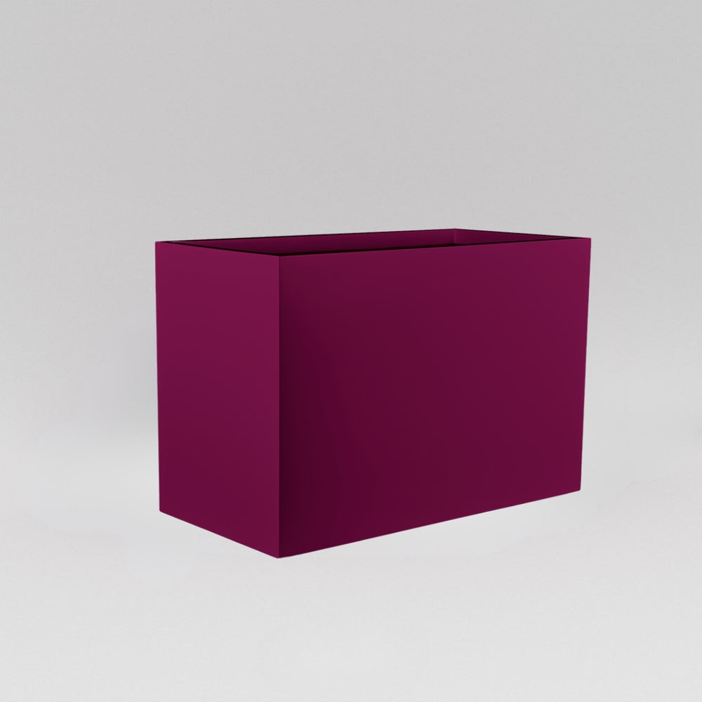 Darwin Tall Rectangle Fiberglass Planter in gloss eggplant against gray background.