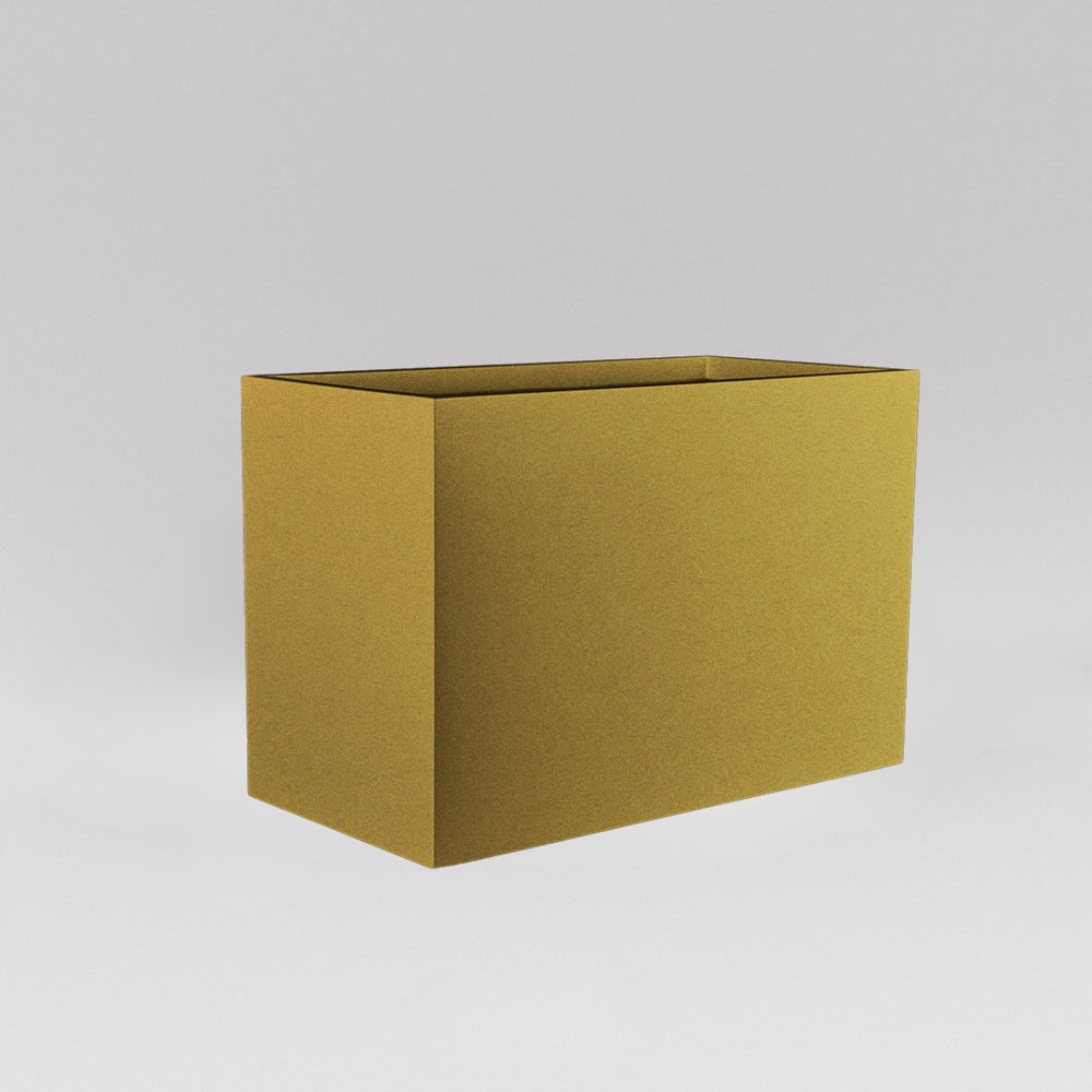 Darwin Tall Rectangle Fiberglass Planter in gloss metallic gold against gray background.