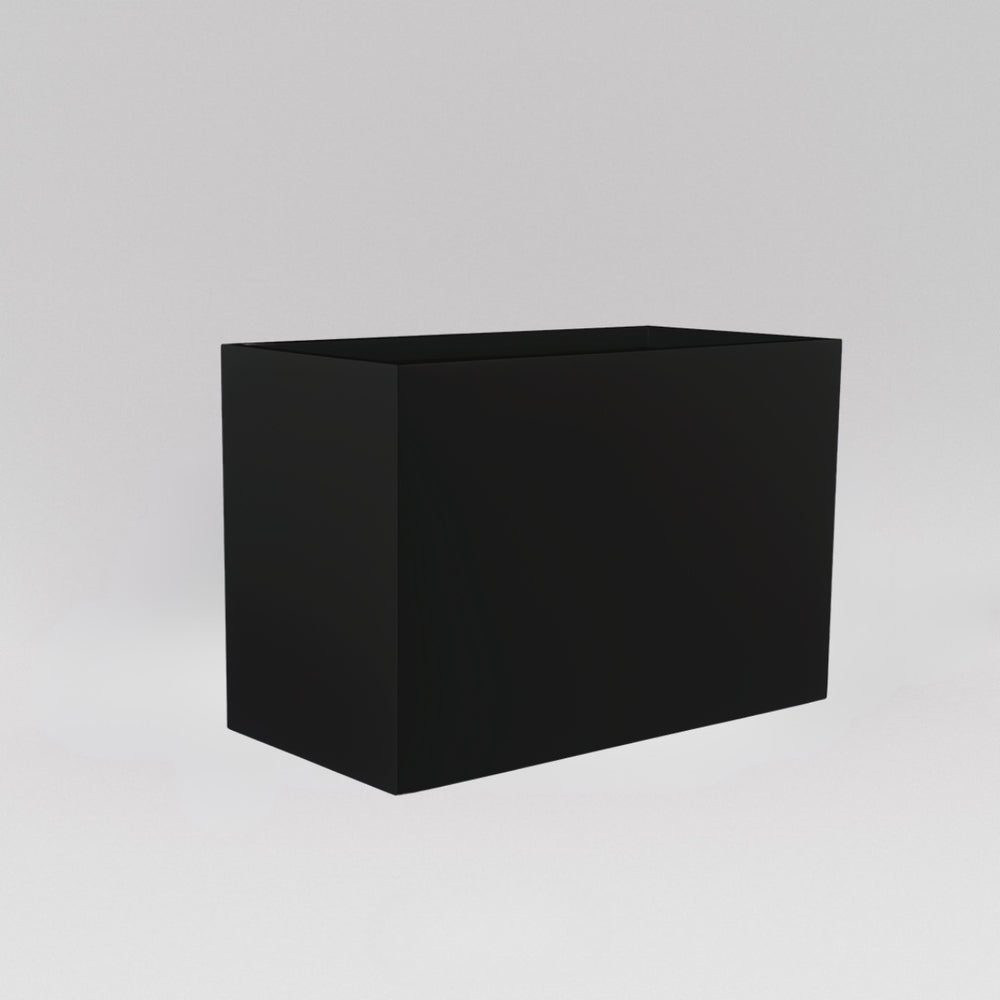 Darwin Tall Rectangle Fiberglass Planter in matte black against gray background.