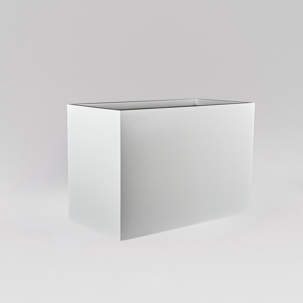 Darwin Tall Rectangle Fiberglass Planter in matte bright white against gray background.