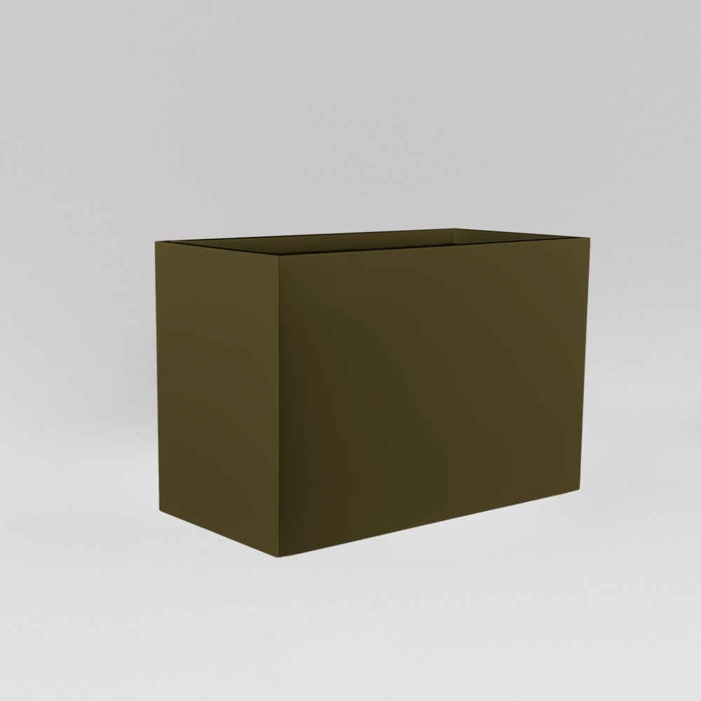 Darwin Tall Rectangle Fiberglass Planter in matte bronze against gray background.