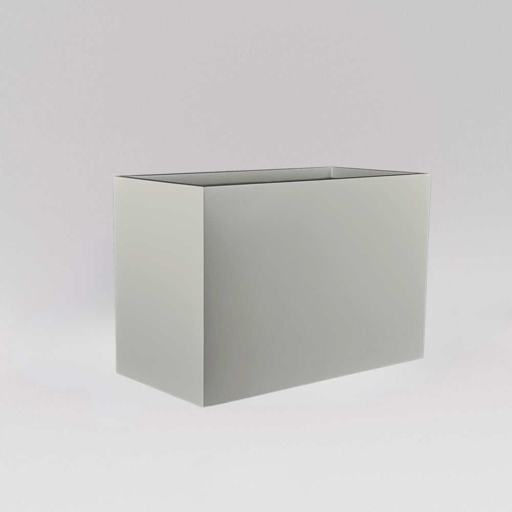 Darwin Tall Rectangle Fiberglass Planter in matte cement grey against gray background.