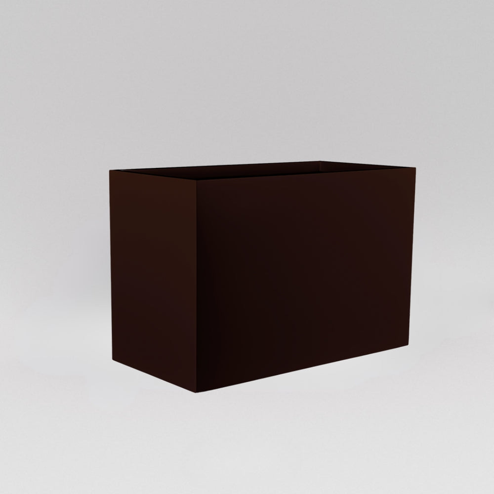 Darwin Tall Rectangle Fiberglass Planter in matte dark brown against gray background.