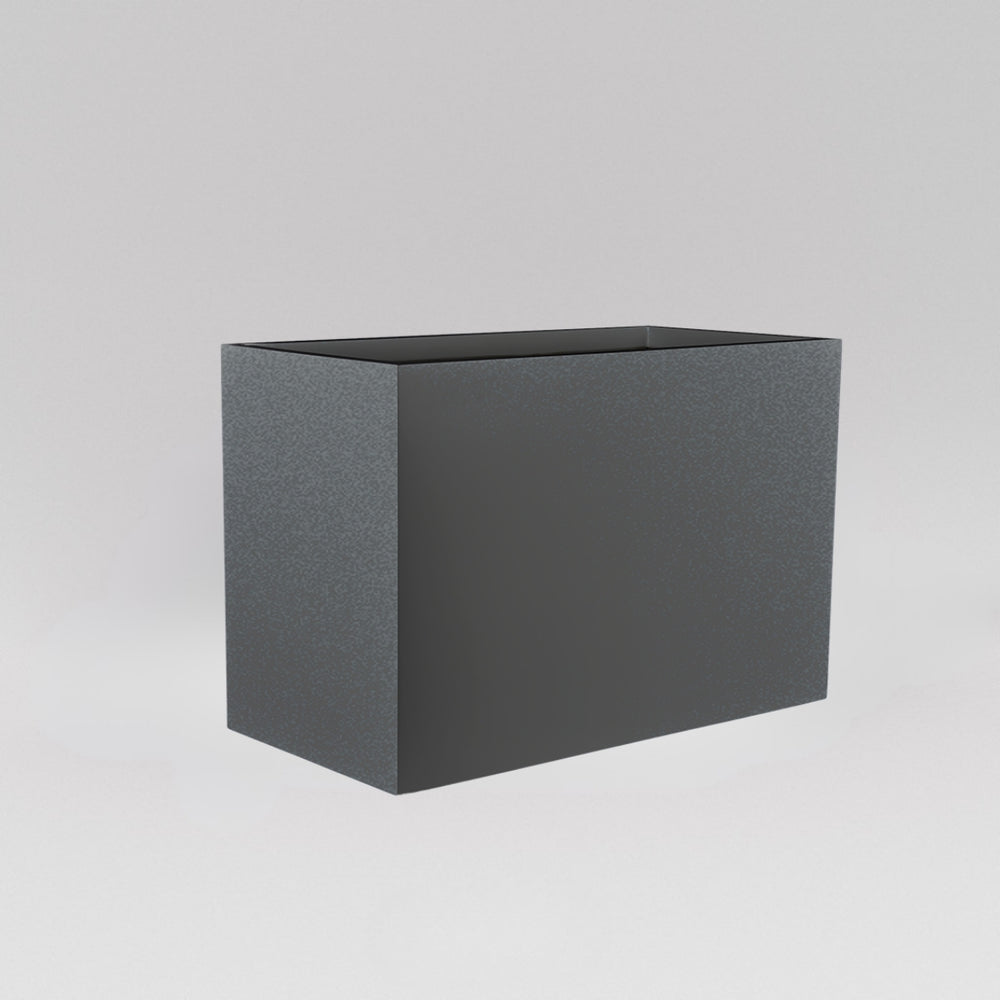 Darwin Tall Rectangle Fiberglass Planter in matte gunmetal against gray background.