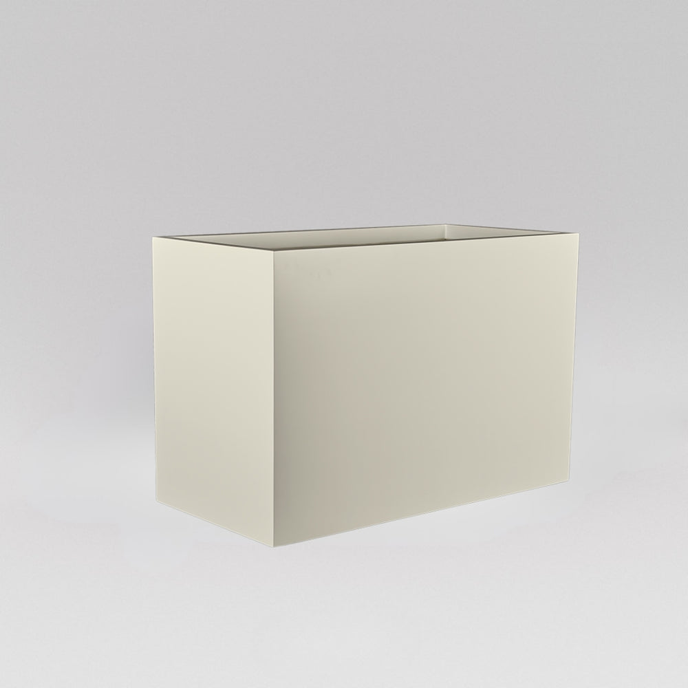 Darwin Tall Rectangle Fiberglass Planter in satin beige against gray background.