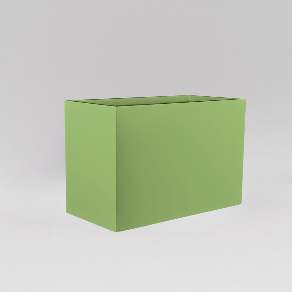 Darwin Tall Rectangle Fiberglass Planter in satin green against gray background.