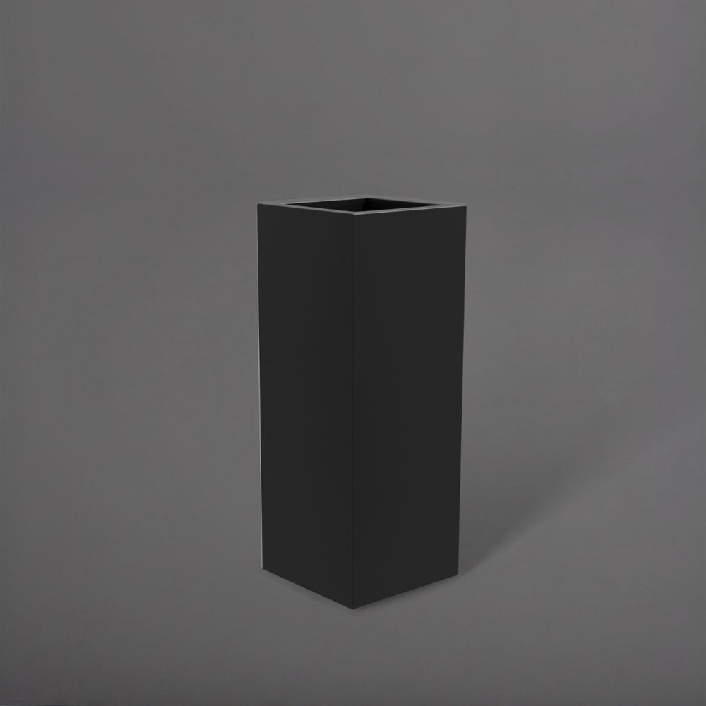 Delray Tall Corner Fiberglass Planter in matte black against gray background.