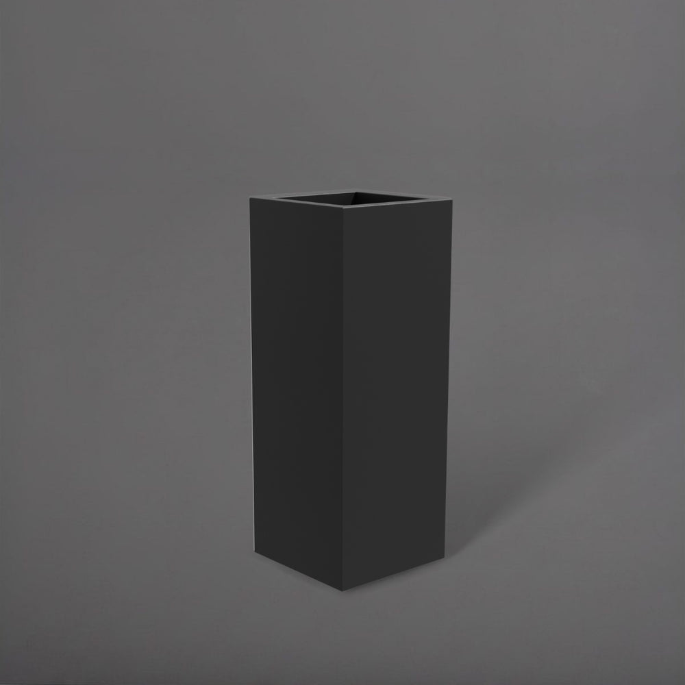 Delray Tall Corner Fiberglass Planter in matte charcoal against gray background.