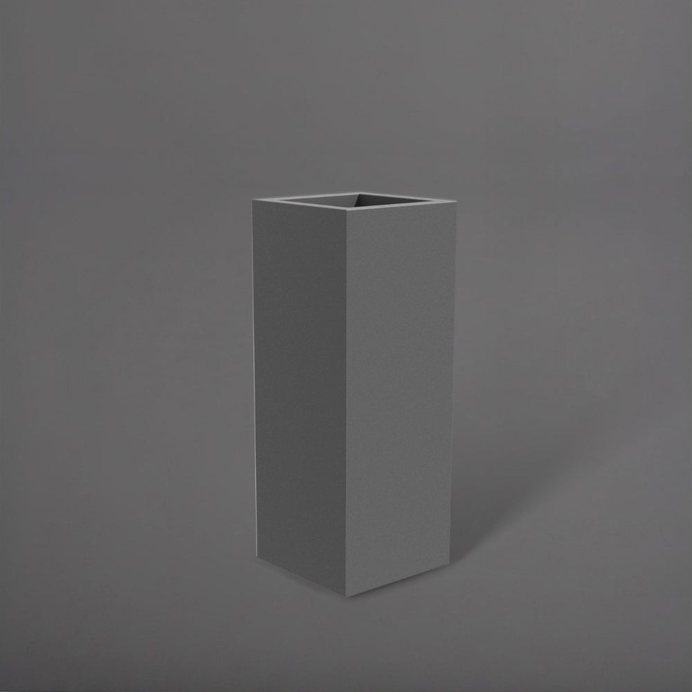 Delray Tall Corner Fiberglass Planter in matte gunmetal against gray background.