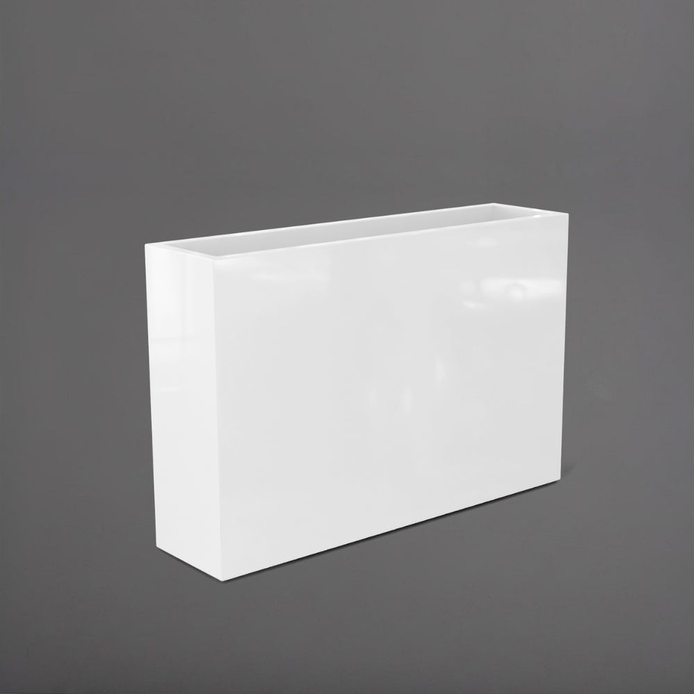 Delray Tall Rectangle Fiberglass Planter in gloss bright white against gray background.
