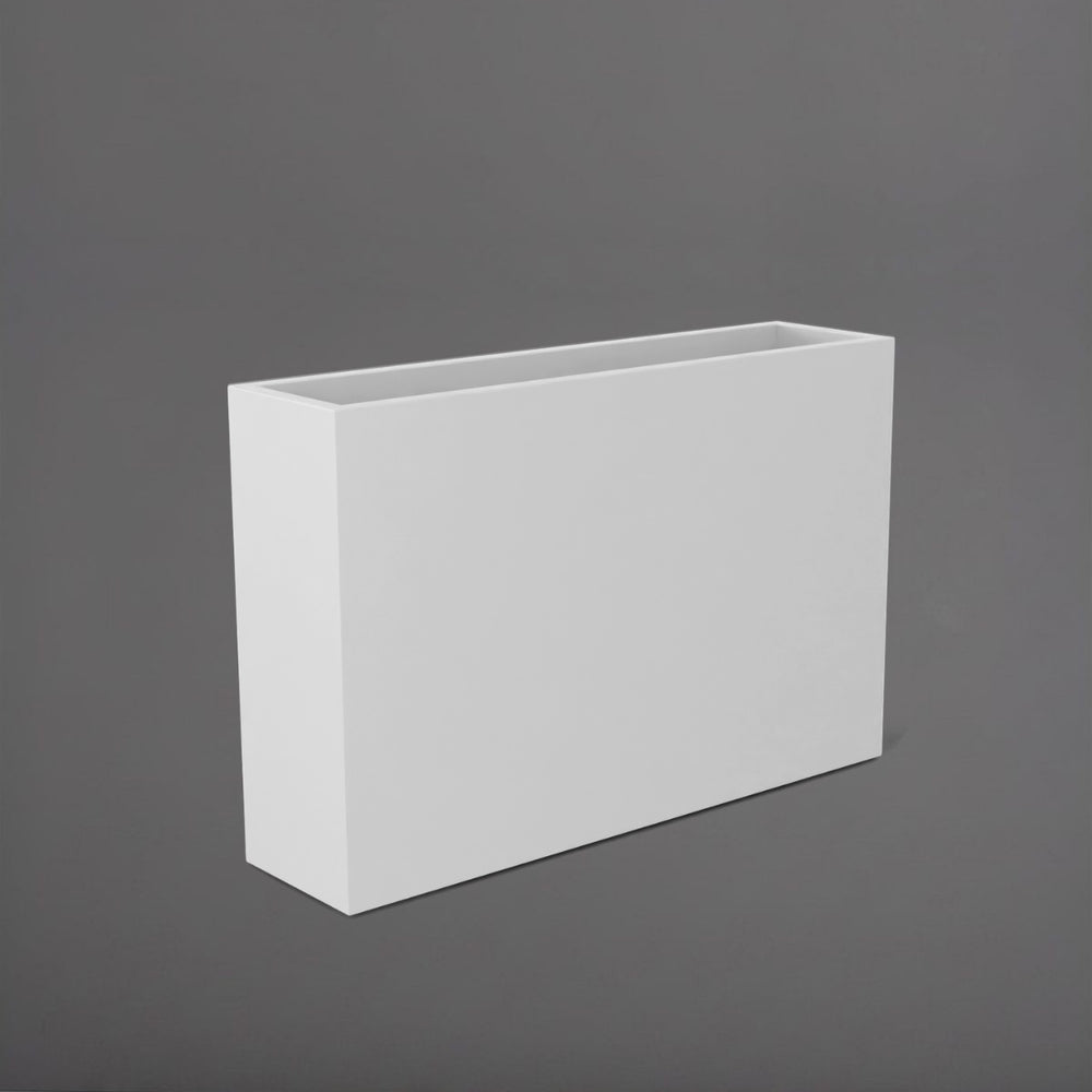 Delray Tall Rectangle Fiberglass Planter in matte bright white against gray background.