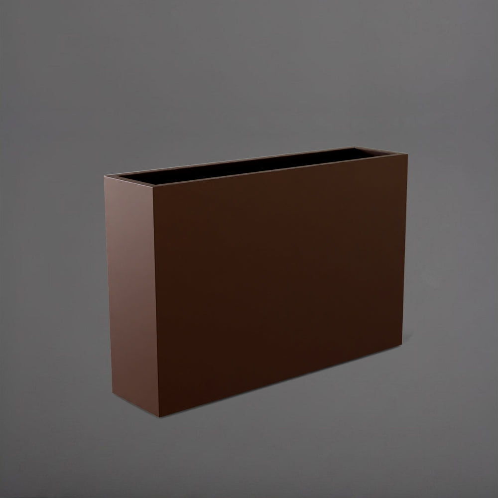Delray Tall Rectangle Fiberglass Planter in matte dark brown against gray background.