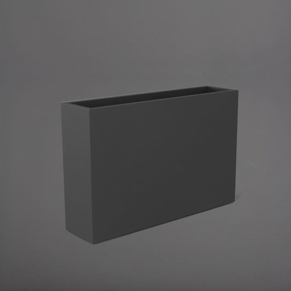 Delray Tall Rectangle Fiberglass Planter in matte gunmetal against gray background.
