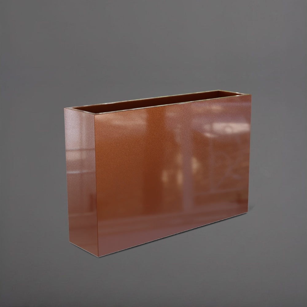 Delray Tall Rectangle Fiberglass Planter in metallic bronze against gray background.
