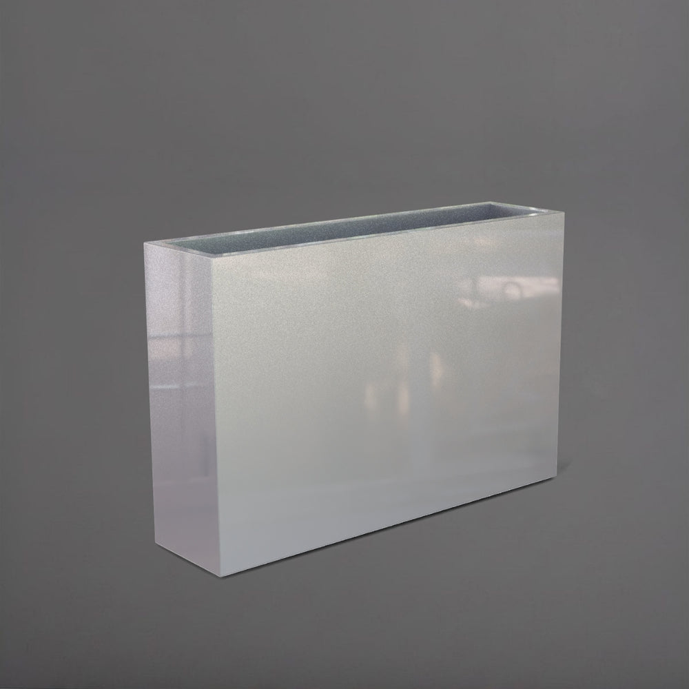 Delray Tall Rectangle Fiberglass Planter in metallic silver against gray background.