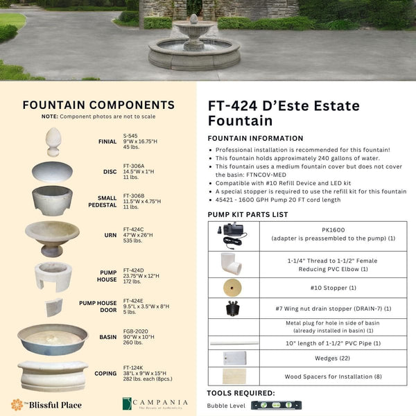 Complete overview of the D'Este Estate Fountain with dimensions, weights, pump kit parts, tools, and general info.
