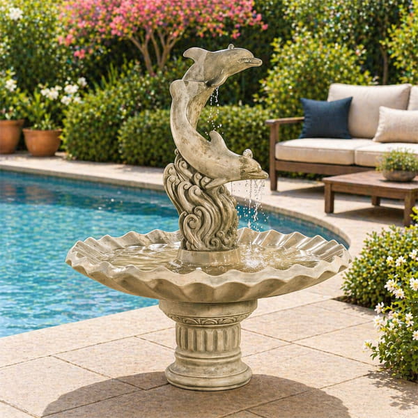 Dolphins with shell bowl fountain in action near a swimming pool.