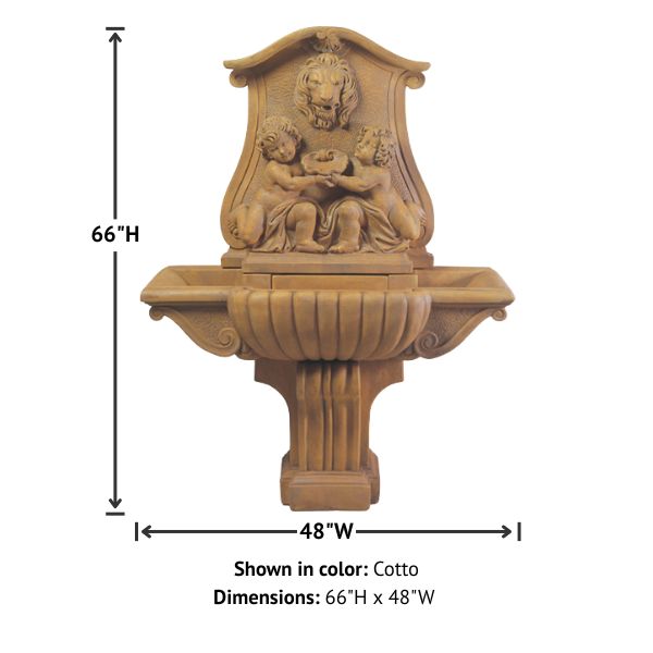 Donatello Lavabo Wall Fountain against white background with product details.