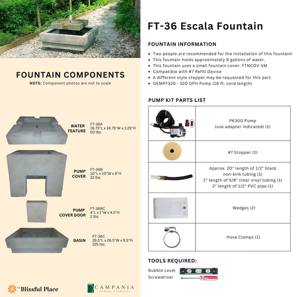 Complete overview of the Escala Fountain with dimensions, weights, pump kit parts, tools, and general info.