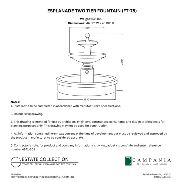 CAD drawing of the Esplanade Two Tier Fountain with dimensions, weight, and manufacturer notes.