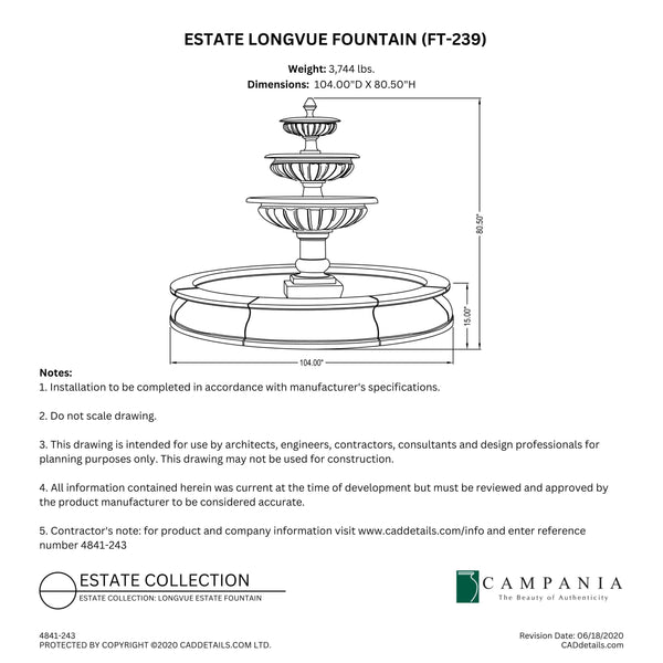 CAD drawing of the Estate Longvue Fountain with dimensions, weight, and manufacturer notes.